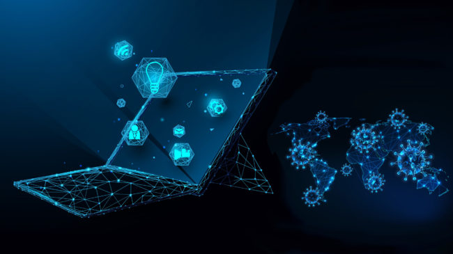 Laptop with technology icons from lines, triangles and particle