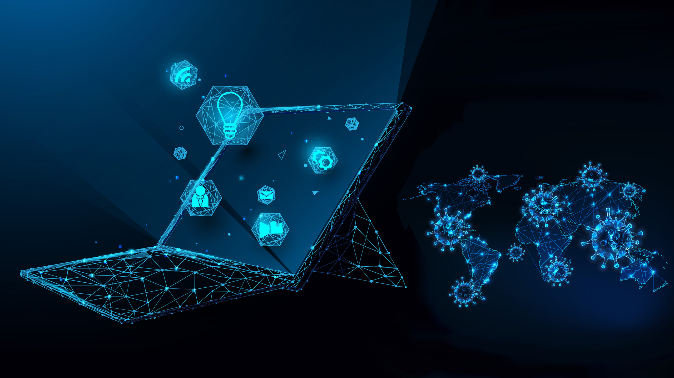 Laptop with technology icons from lines, triangles and particle